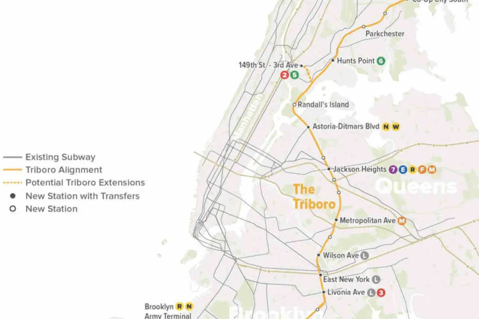 A map of the proposed Triboro Line, which would connect Brooklyn to Queens and the Bronx in New York City.